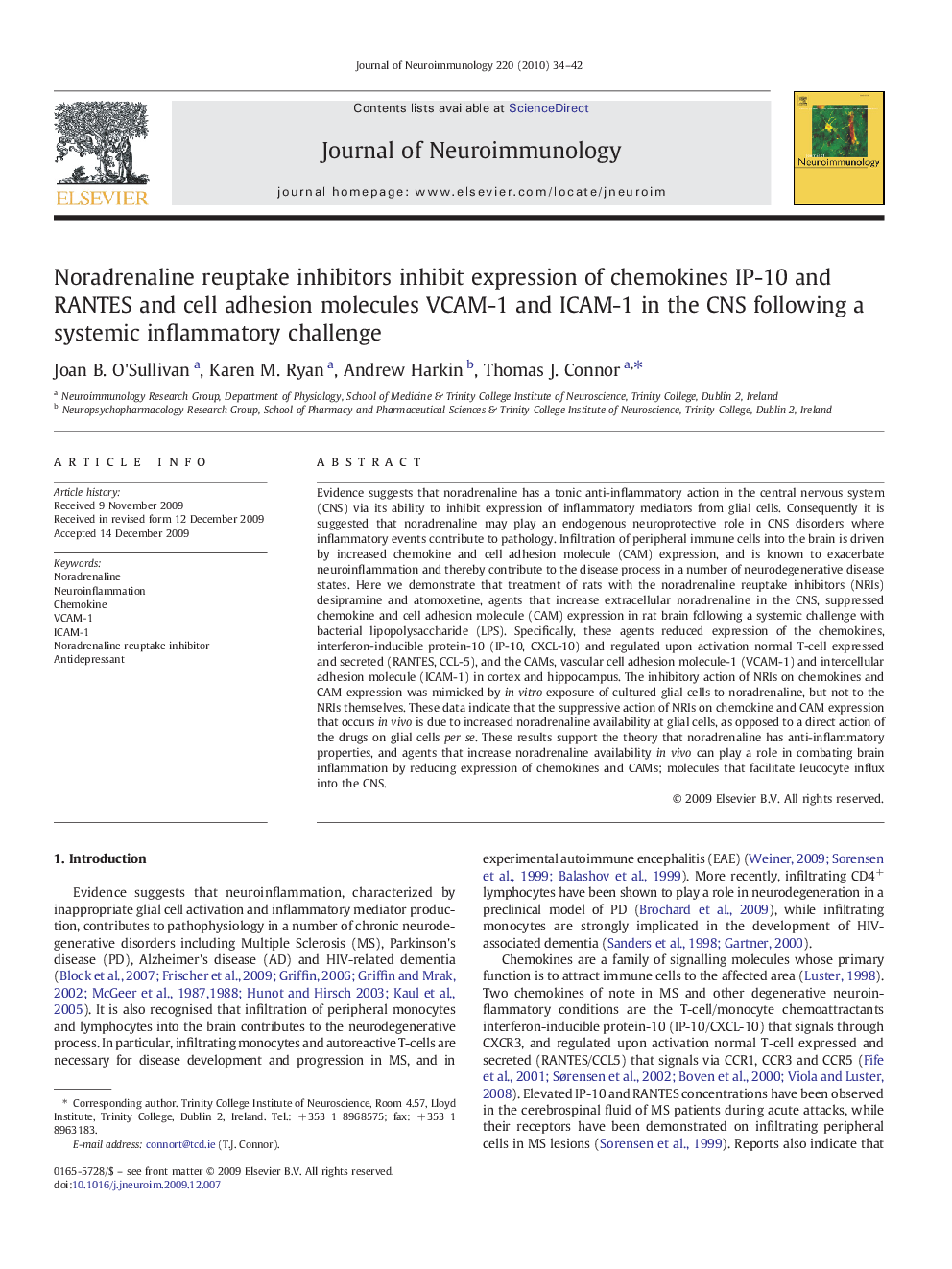 Noradrenaline reuptake inhibitors inhibit expression of chemokines IP-10 and RANTES and cell adhesion molecules VCAM-1 and ICAM-1 in the CNS following a systemic inflammatory challenge