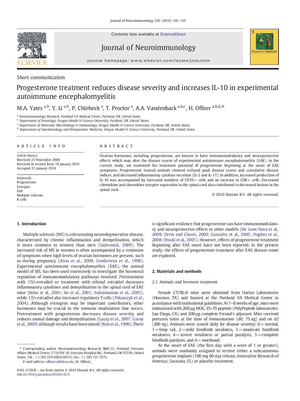 Progesterone treatment reduces disease severity and increases IL-10 in experimental autoimmune encephalomyelitis