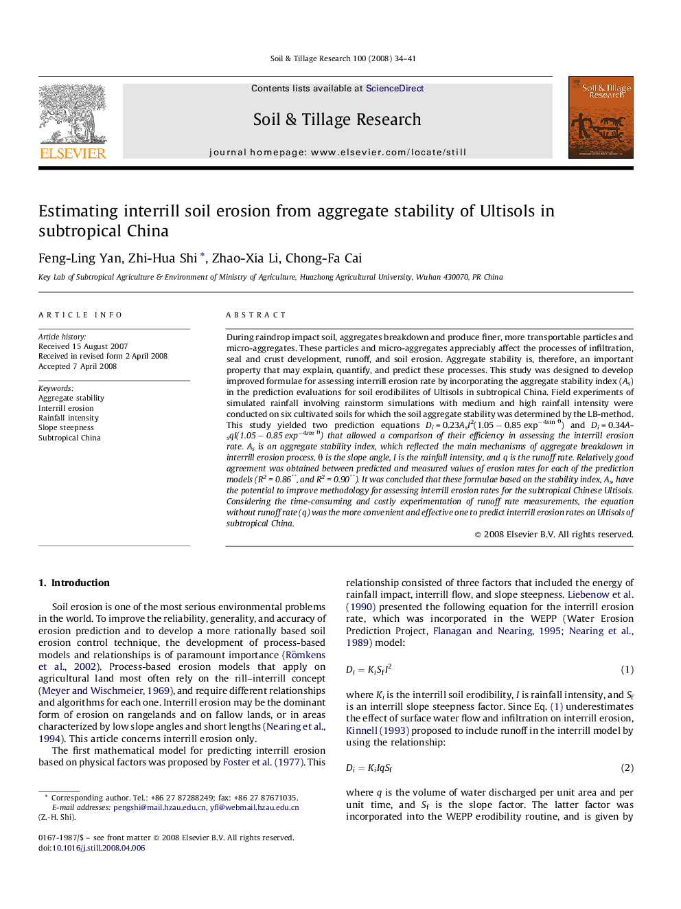 Estimating interrill soil erosion from aggregate stability of Ultisols in subtropical China