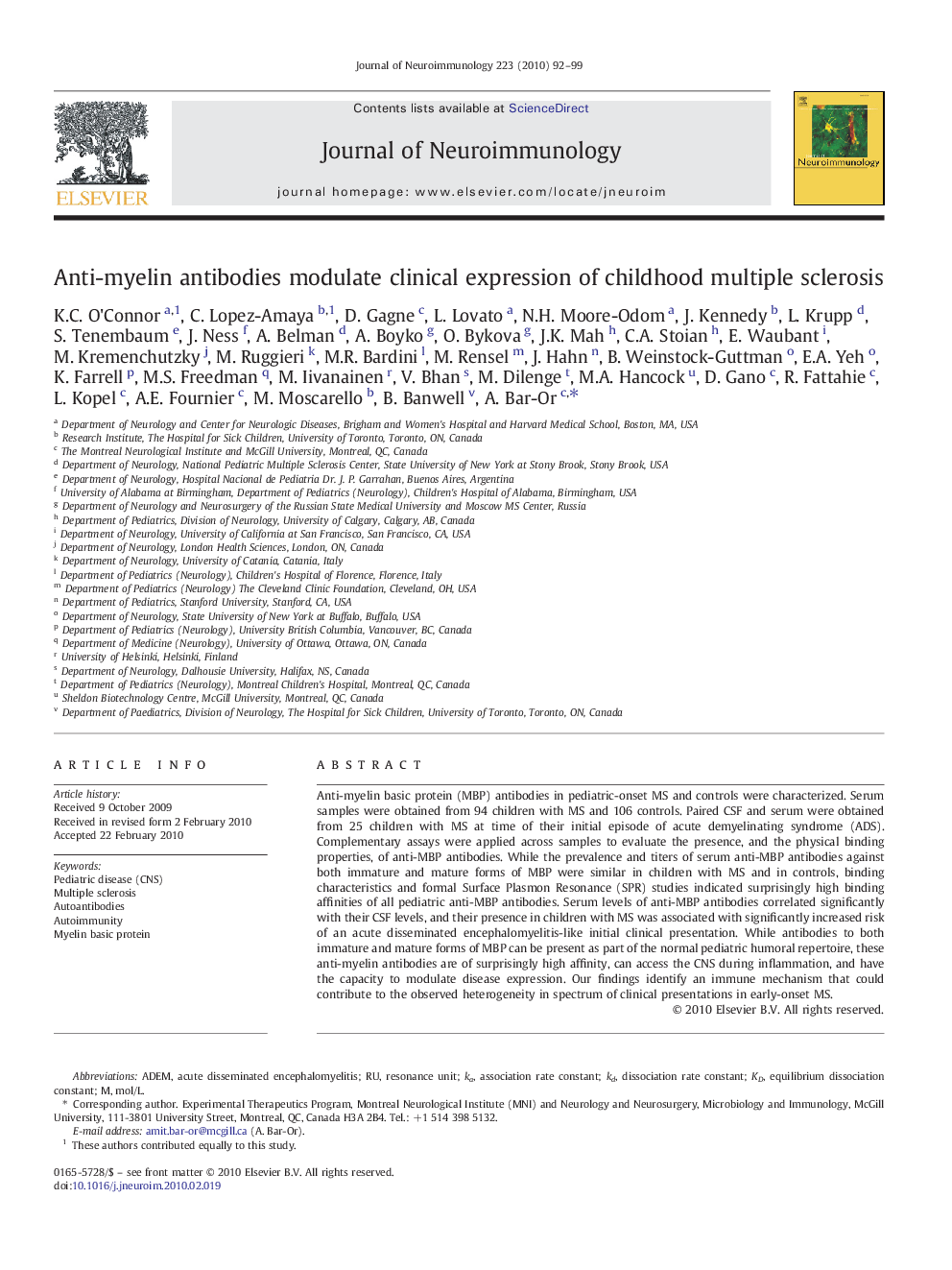 Anti-myelin antibodies modulate clinical expression of childhood multiple sclerosis