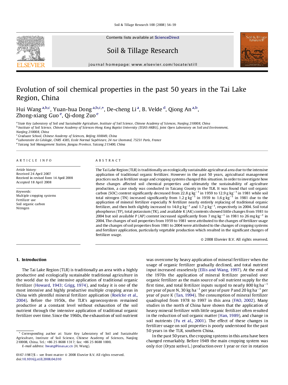 Evolution of soil chemical properties in the past 50 years in the Tai Lake Region, China