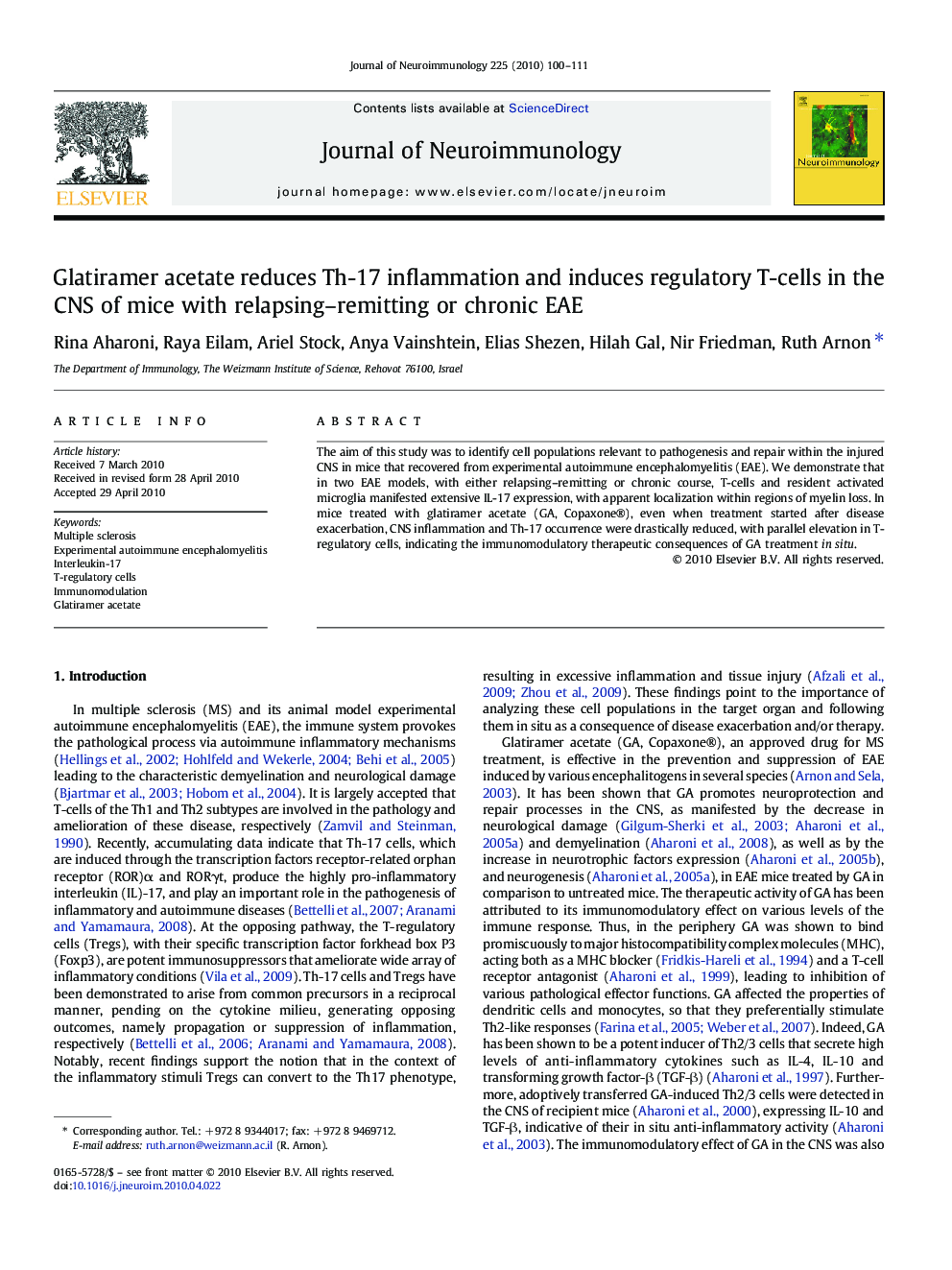 Glatiramer acetate reduces Th-17 inflammation and induces regulatory T-cells in the CNS of mice with relapsing–remitting or chronic EAE