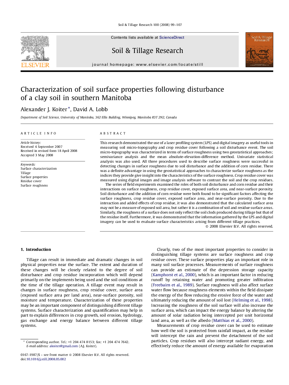 Characterization of soil surface properties following disturbance of a clay soil in southern Manitoba