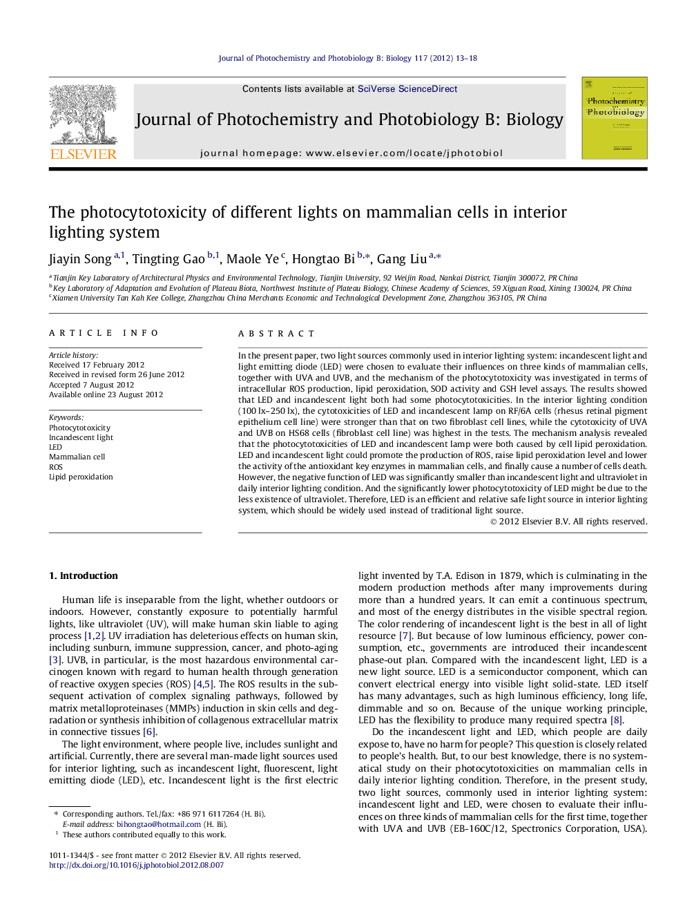 The photocytotoxicity of different lights on mammalian cells in interior lighting system