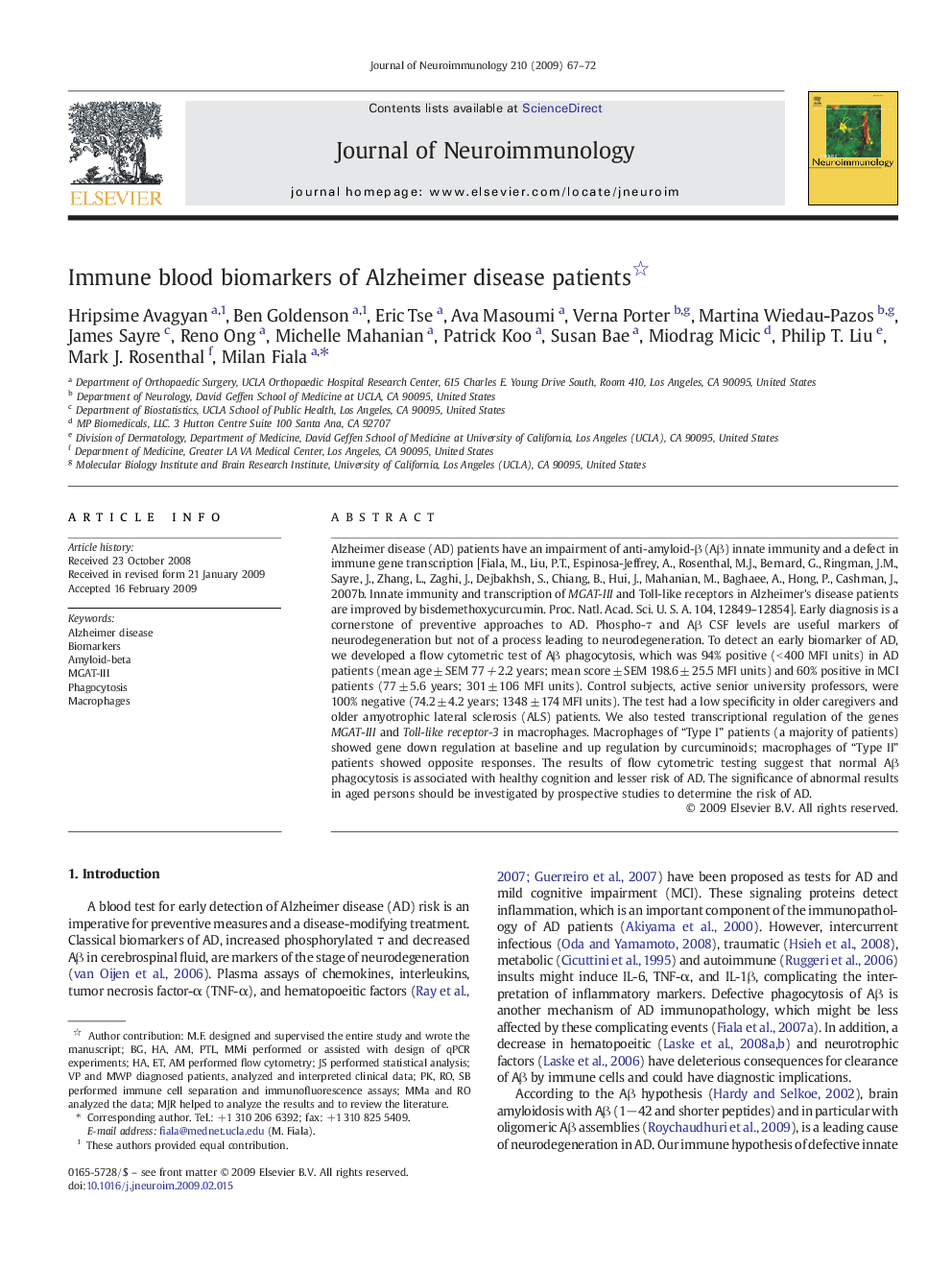 Immune blood biomarkers of Alzheimer disease patients 