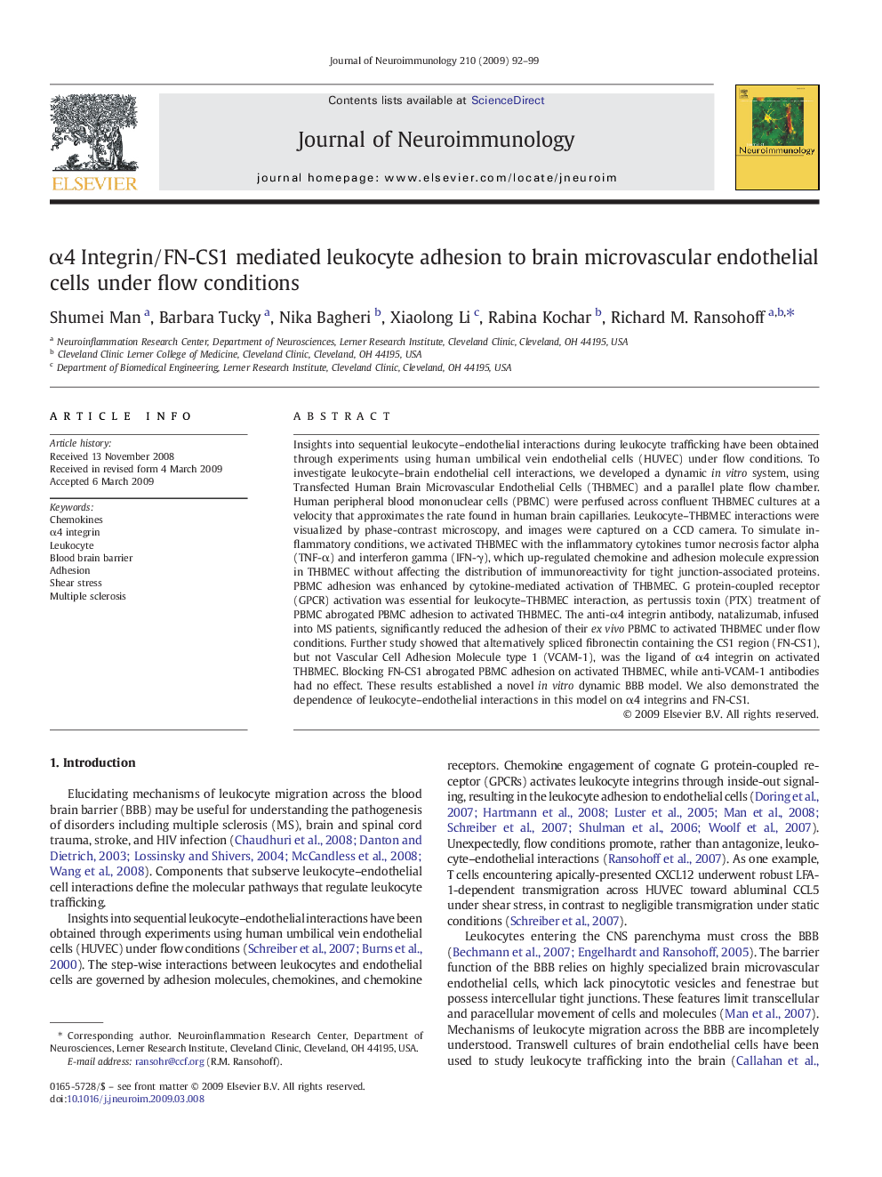 α4 Integrin/FN-CS1 mediated leukocyte adhesion to brain microvascular endothelial cells under flow conditions