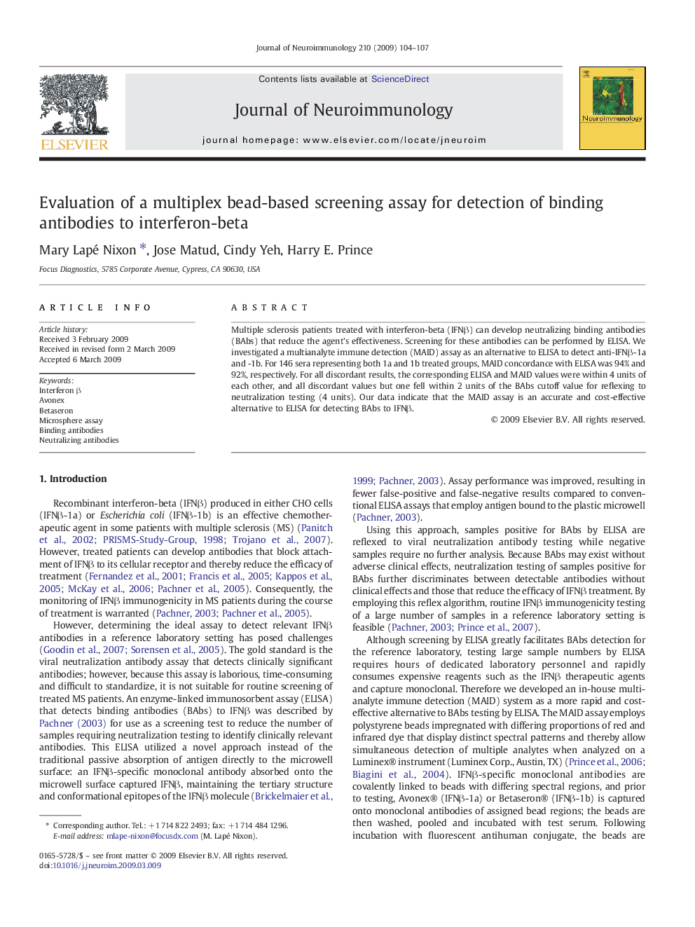 Evaluation of a multiplex bead-based screening assay for detection of binding antibodies to interferon-beta