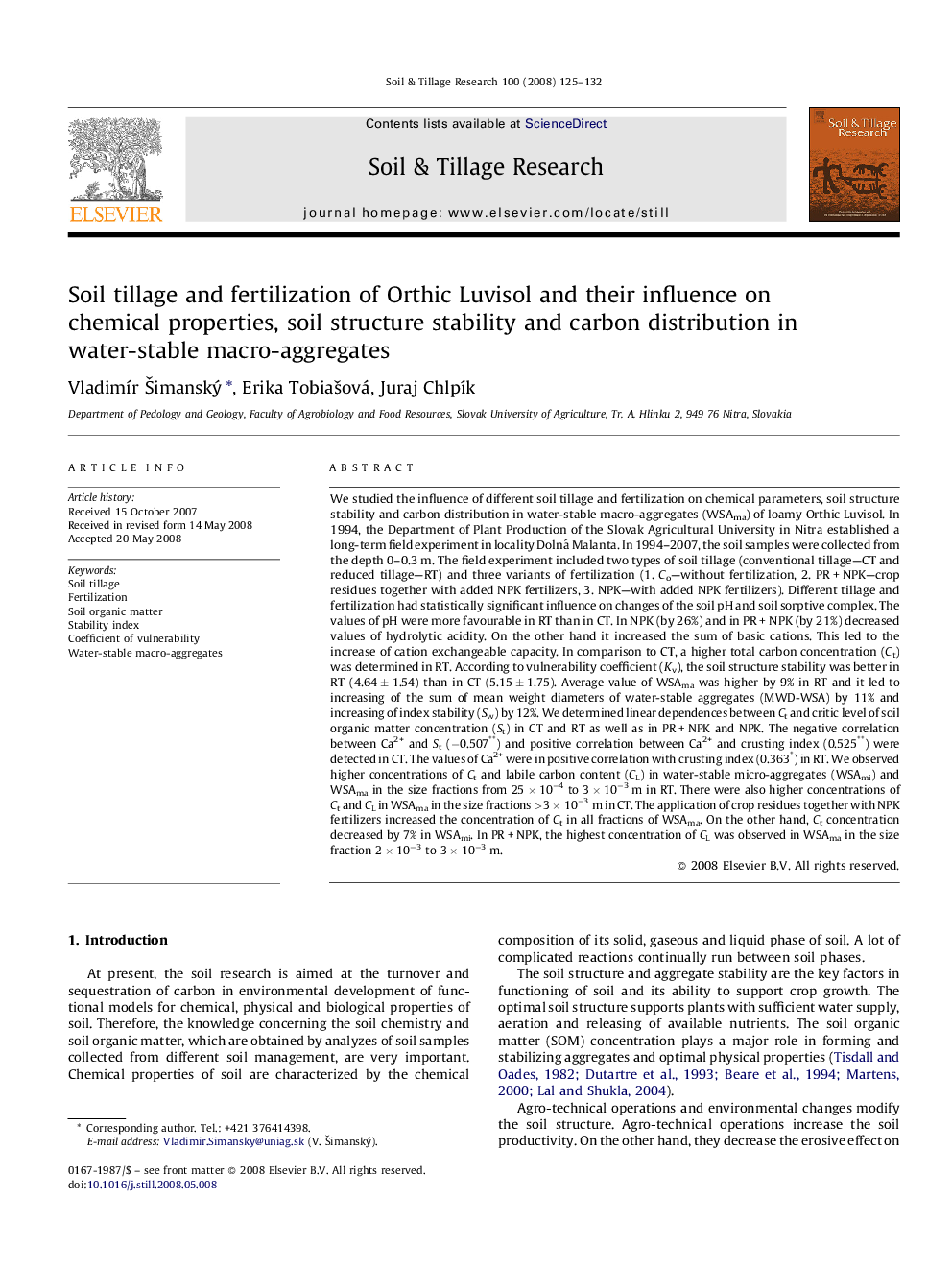 Soil tillage and fertilization of Orthic Luvisol and their influence on chemical properties, soil structure stability and carbon distribution in water-stable macro-aggregates