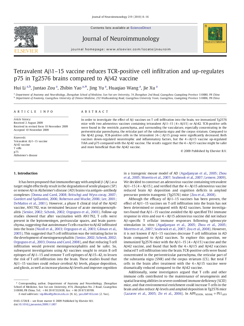 Tetravalent Aβ1–15 vaccine reduces TCR-positive cell infiltration and up-regulates p75 in Tg2576 brains compared to Aβ42 vaccine