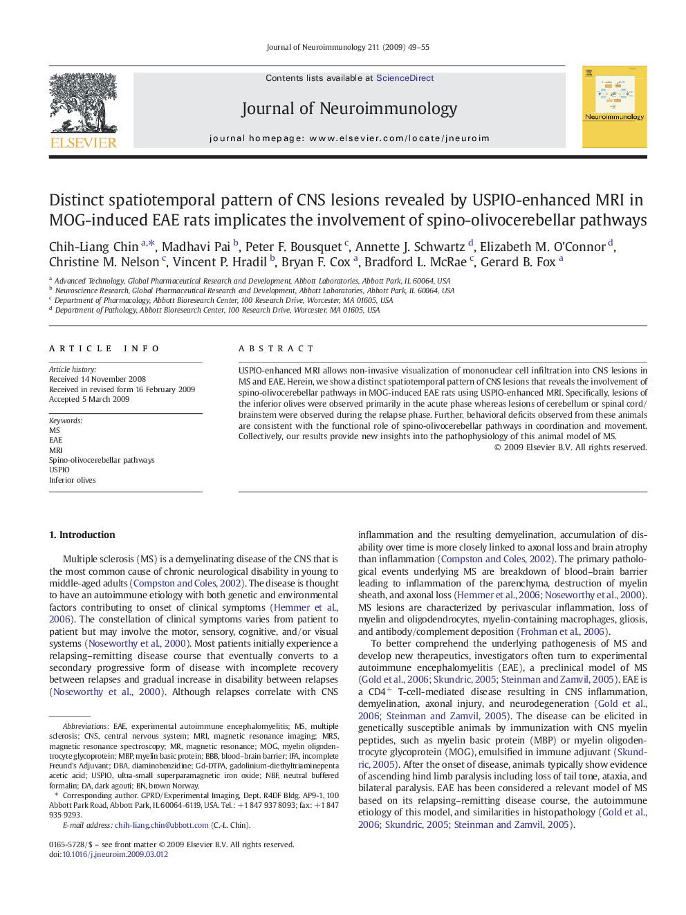 Distinct spatiotemporal pattern of CNS lesions revealed by USPIO-enhanced MRI in MOG-induced EAE rats implicates the involvement of spino-olivocerebellar pathways