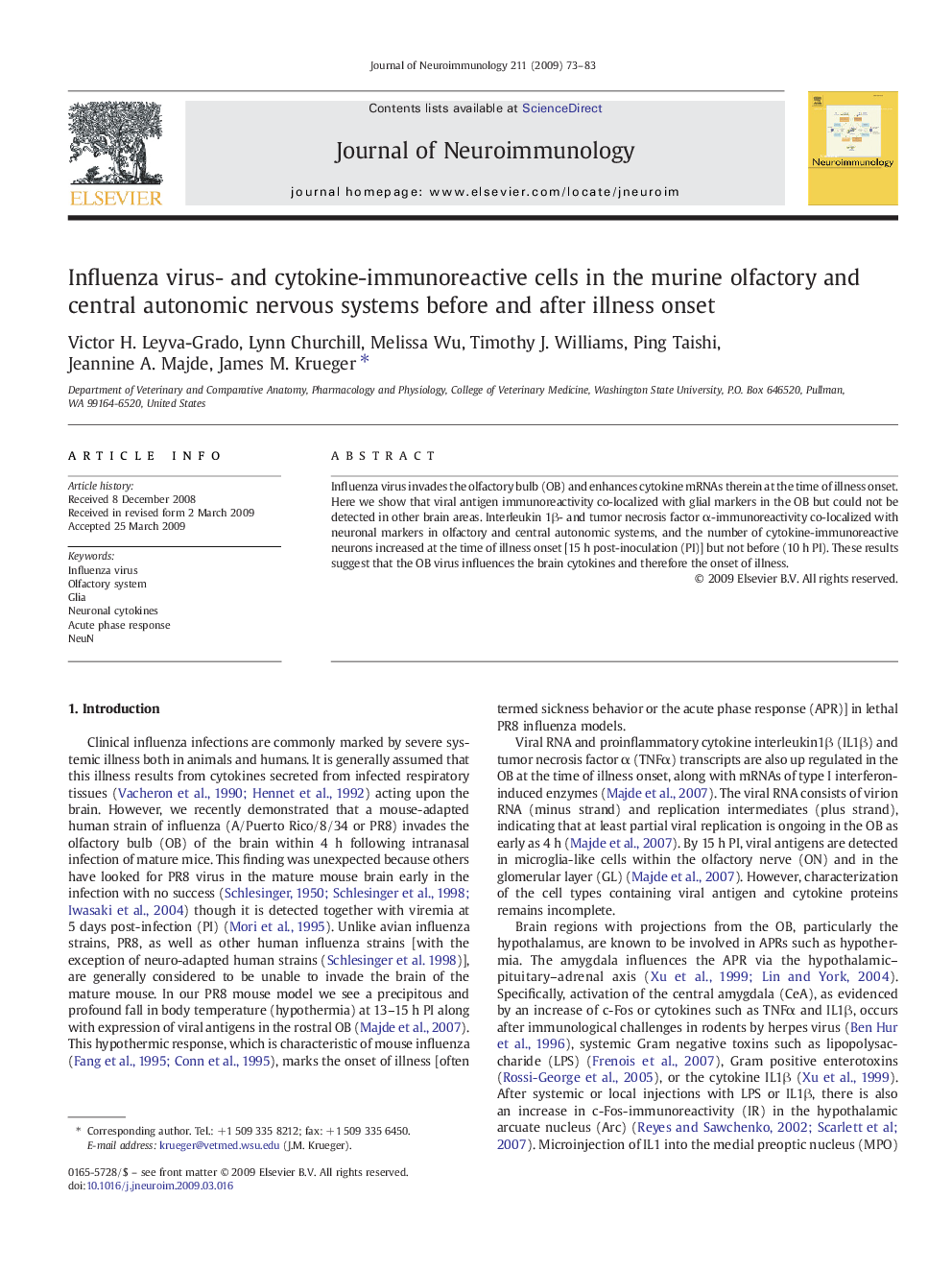 Influenza virus- and cytokine-immunoreactive cells in the murine olfactory and central autonomic nervous systems before and after illness onset