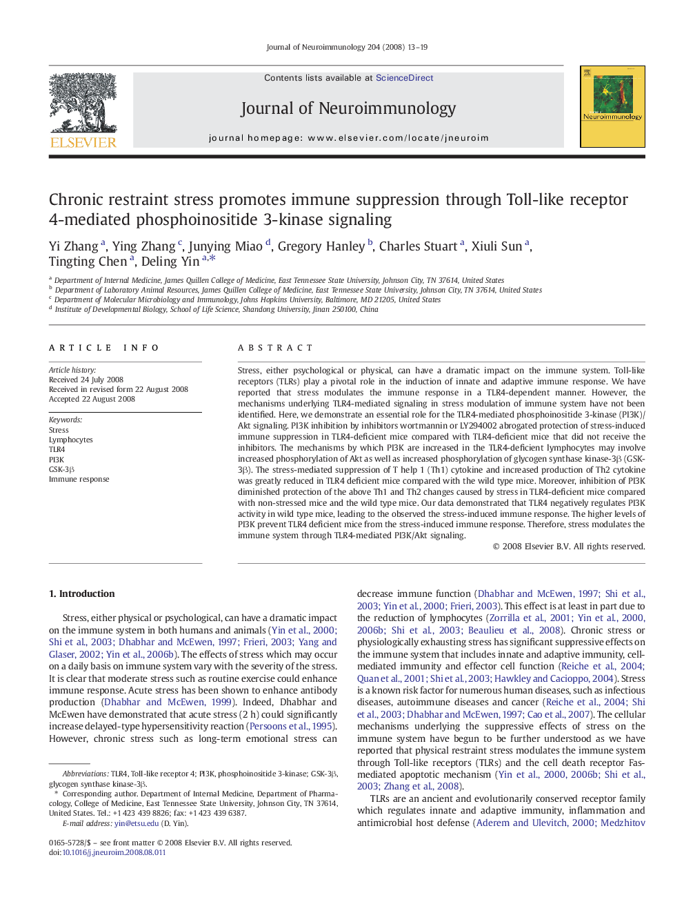 Chronic restraint stress promotes immune suppression through Toll-like receptor 4-mediated phosphoinositide 3-kinase signaling