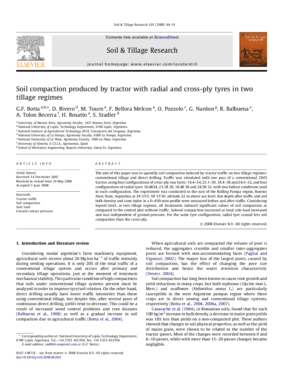 Soil compaction produced by tractor with radial and cross-ply tyres in two tillage regimes