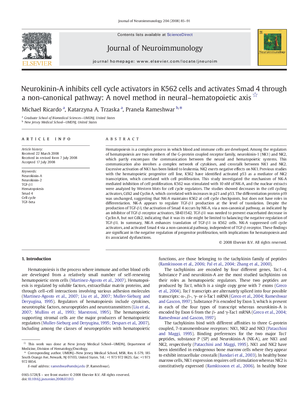 Neurokinin-A inhibits cell cycle activators in K562 cells and activates Smad 4 through a non-canonical pathway: A novel method in neural–hematopoietic axis 