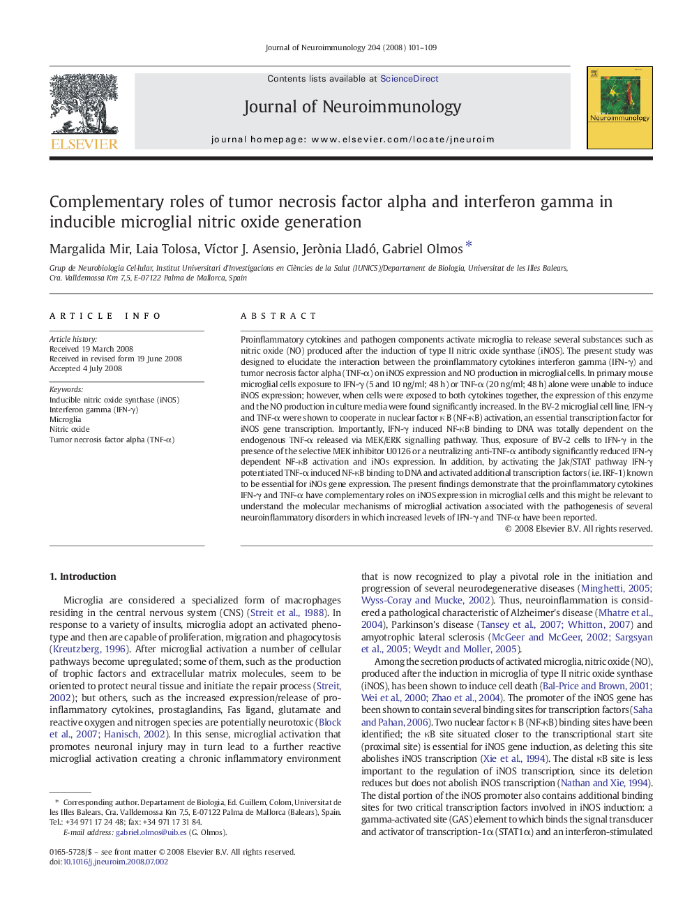 Complementary roles of tumor necrosis factor alpha and interferon gamma in inducible microglial nitric oxide generation