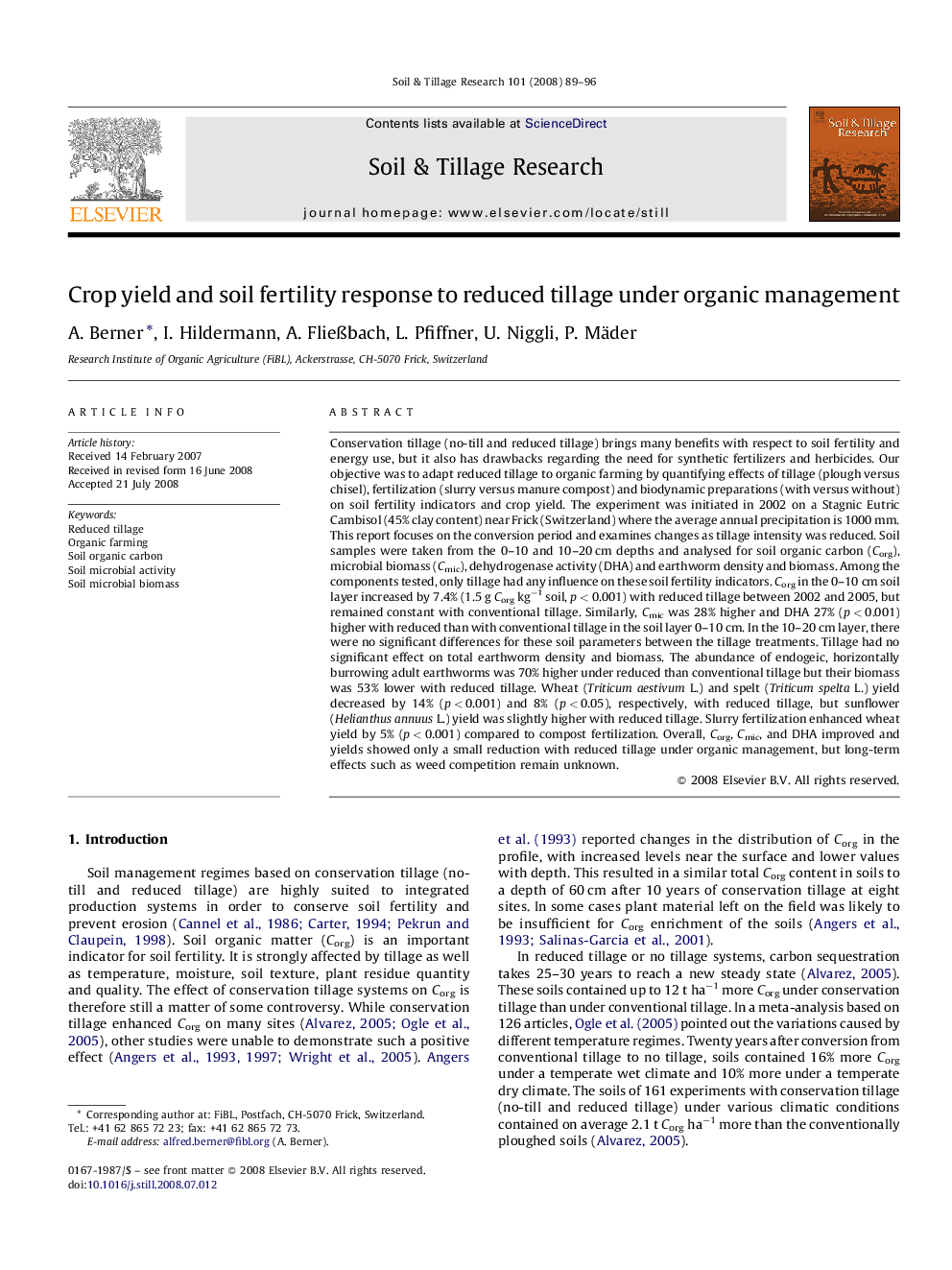 Crop yield and soil fertility response to reduced tillage under organic management