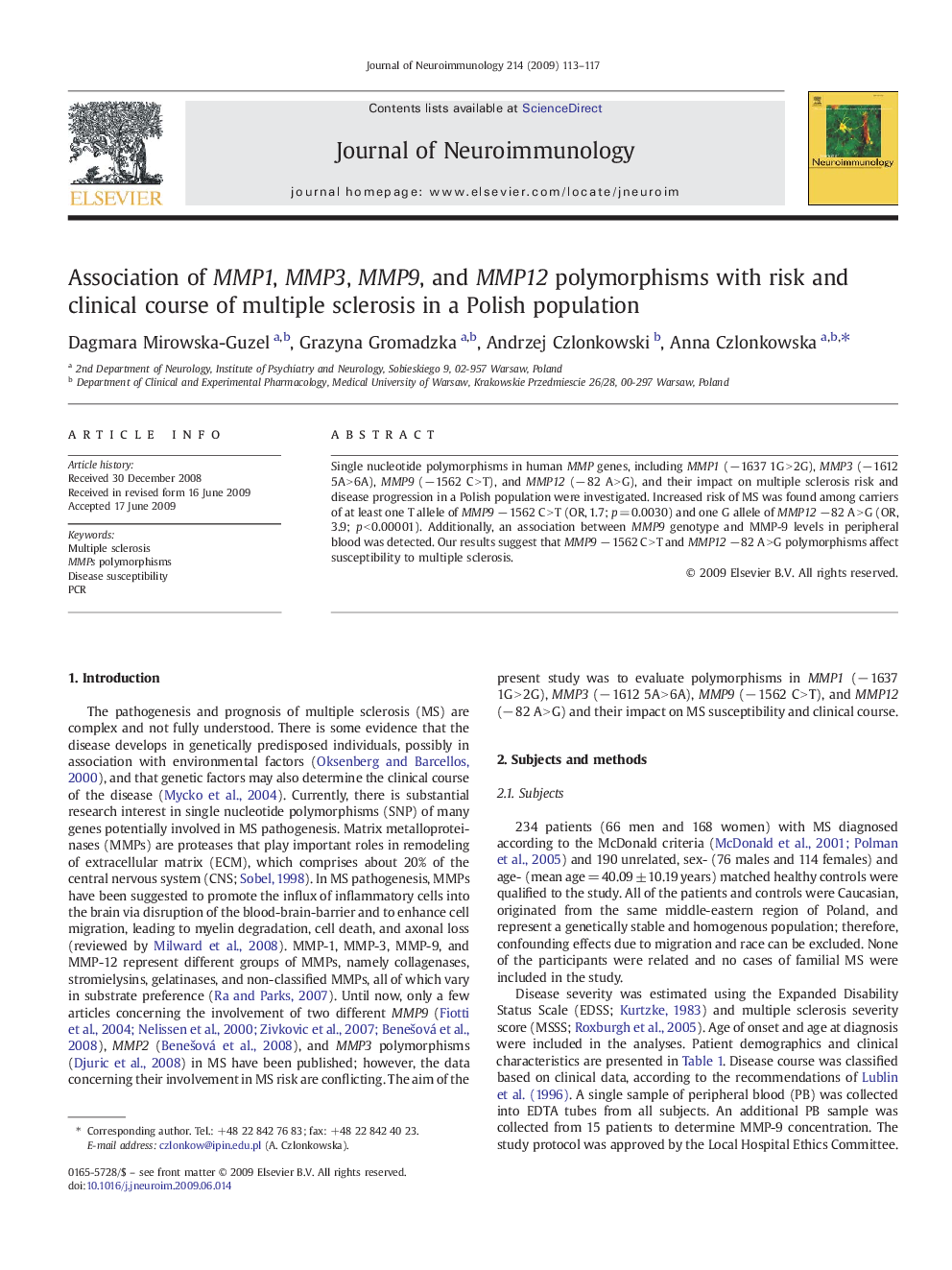 Association of MMP1, MMP3, MMP9, and MMP12 polymorphisms with risk and clinical course of multiple sclerosis in a Polish population