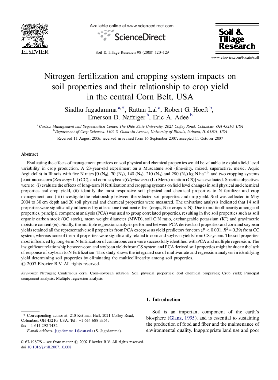 Nitrogen fertilization and cropping system impacts on soil properties and their relationship to crop yield in the central Corn Belt, USA