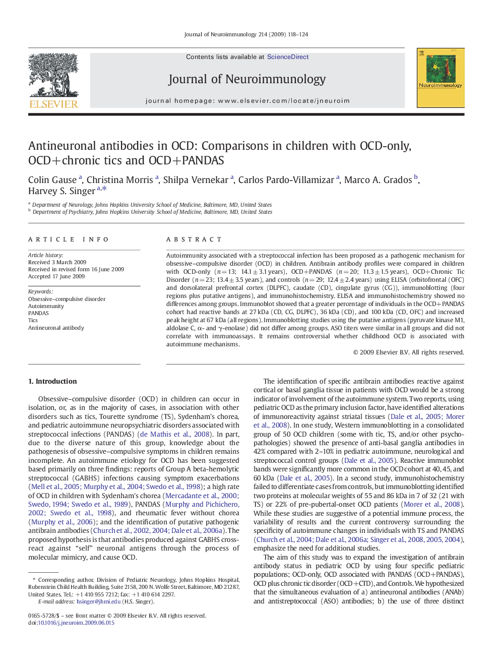 Antineuronal antibodies in OCD: Comparisons in children with OCD-only, OCD+chronic tics and OCD+PANDAS