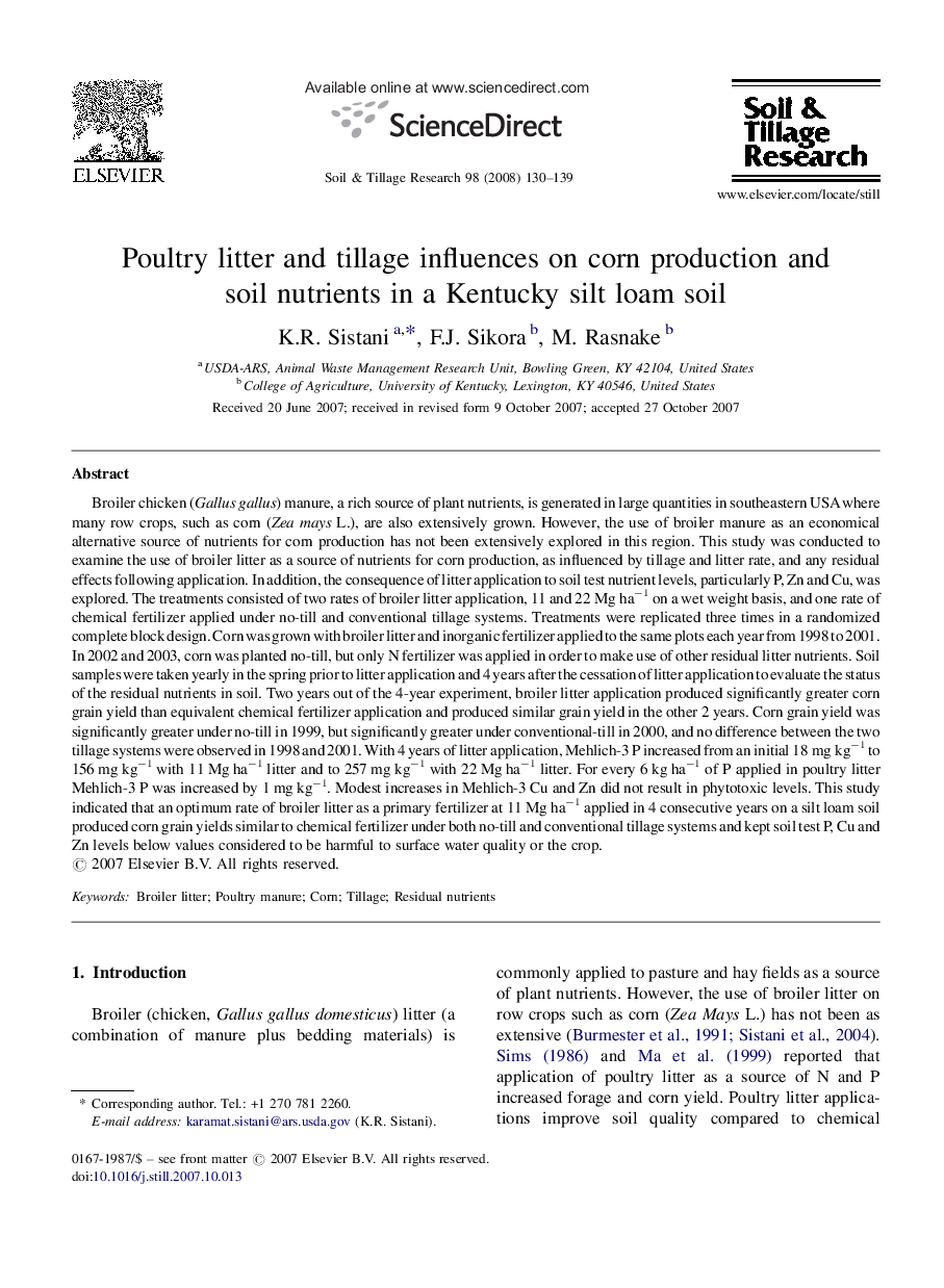 Poultry litter and tillage influences on corn production and soil nutrients in a Kentucky silt loam soil