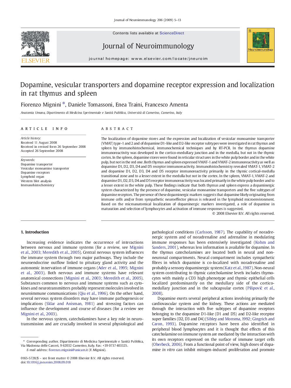 Dopamine, vesicular transporters and dopamine receptor expression and localization in rat thymus and spleen