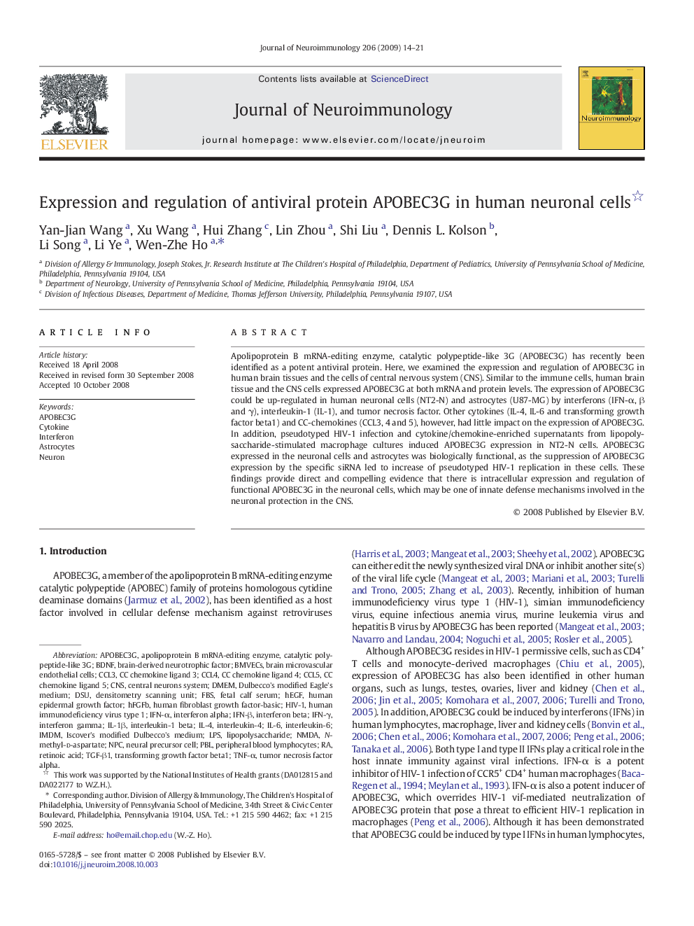 Expression and regulation of antiviral protein APOBEC3G in human neuronal cells