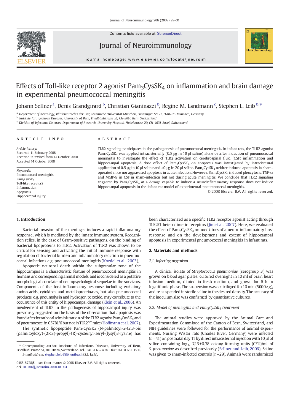 Effects of Toll-like receptor 2 agonist Pam3CysSK4 on inflammation and brain damage in experimental pneumococcal meningitis