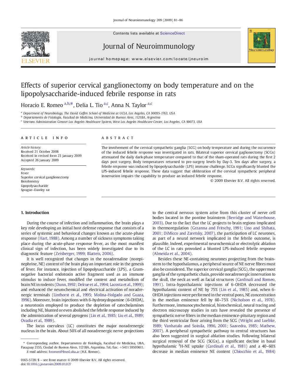 Effects of superior cervical ganglionectomy on body temperature and on the lipopolysaccharide-induced febrile response in rats