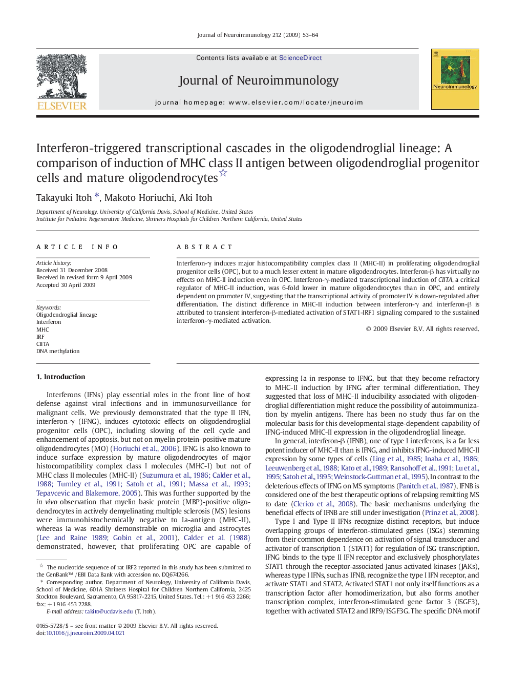 Interferon-triggered transcriptional cascades in the oligodendroglial lineage: A comparison of induction of MHC class II antigen between oligodendroglial progenitor cells and mature oligodendrocytes 