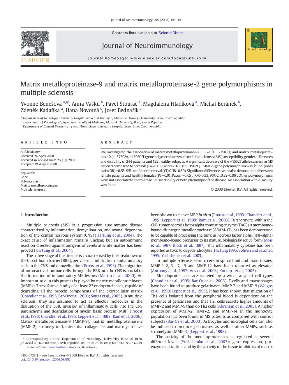 Matrix metalloproteinase-9 and matrix metalloproteinase-2 gene polymorphisms in multiple sclerosis