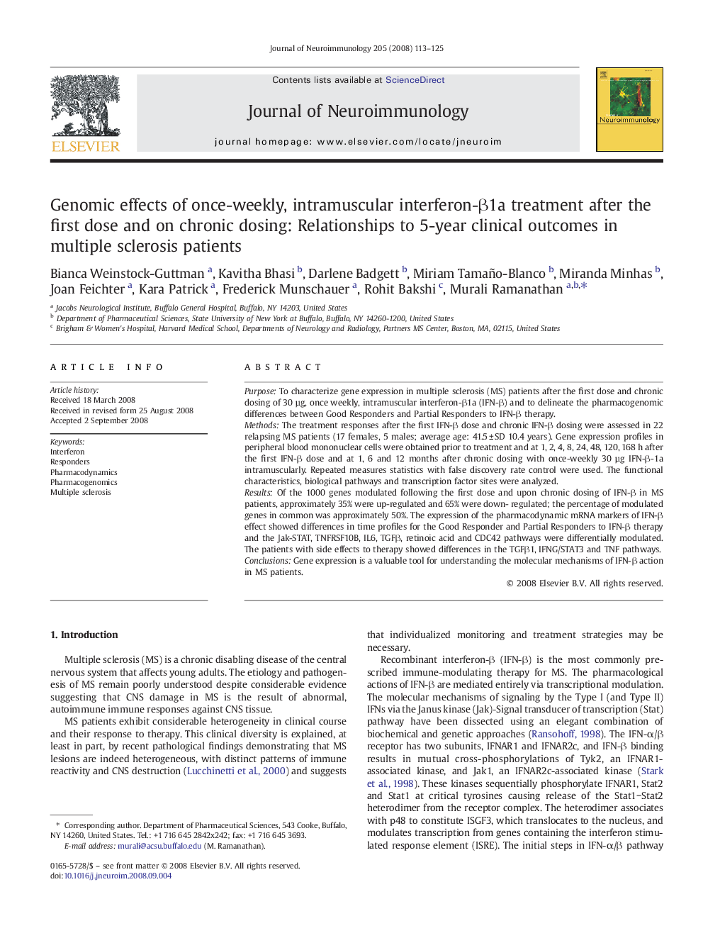 Genomic effects of once-weekly, intramuscular interferon-β1a treatment after the first dose and on chronic dosing: Relationships to 5-year clinical outcomes in multiple sclerosis patients