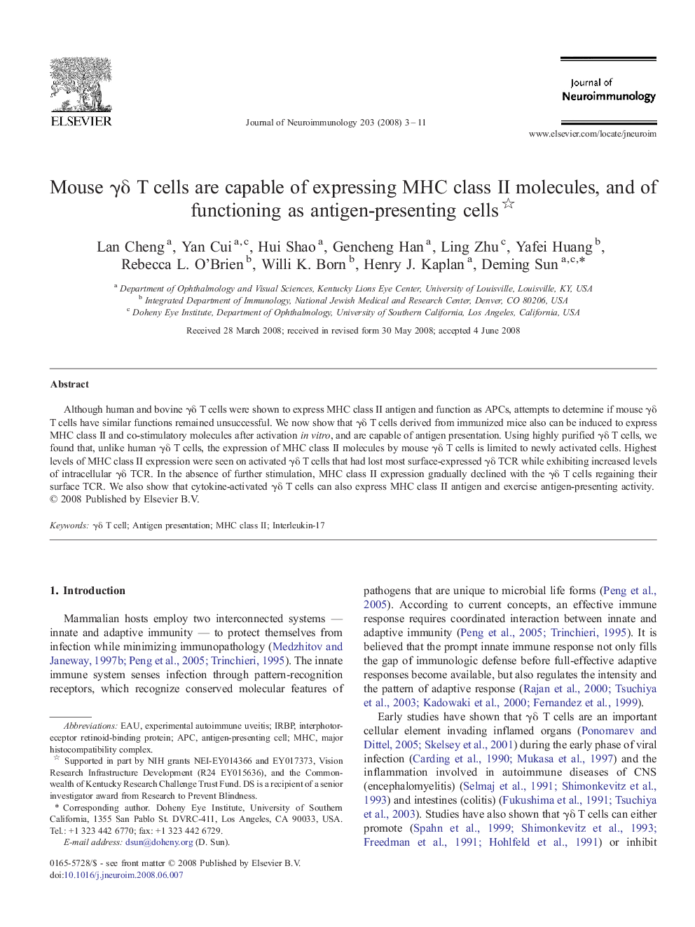 Mouse γδ T cells are capable of expressing MHC class II molecules, and of functioning as antigen-presenting cells 