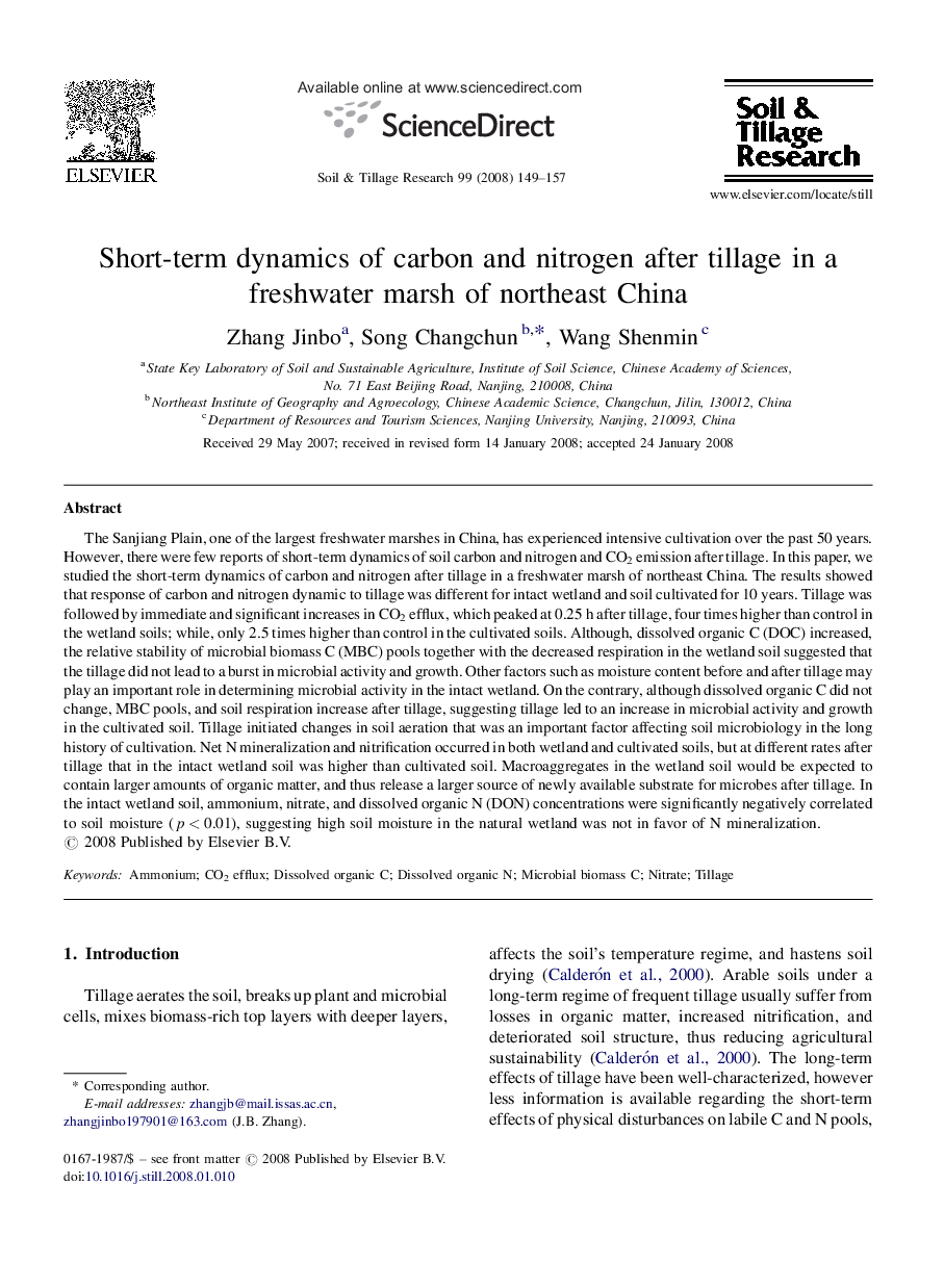 Short-term dynamics of carbon and nitrogen after tillage in a freshwater marsh of northeast China