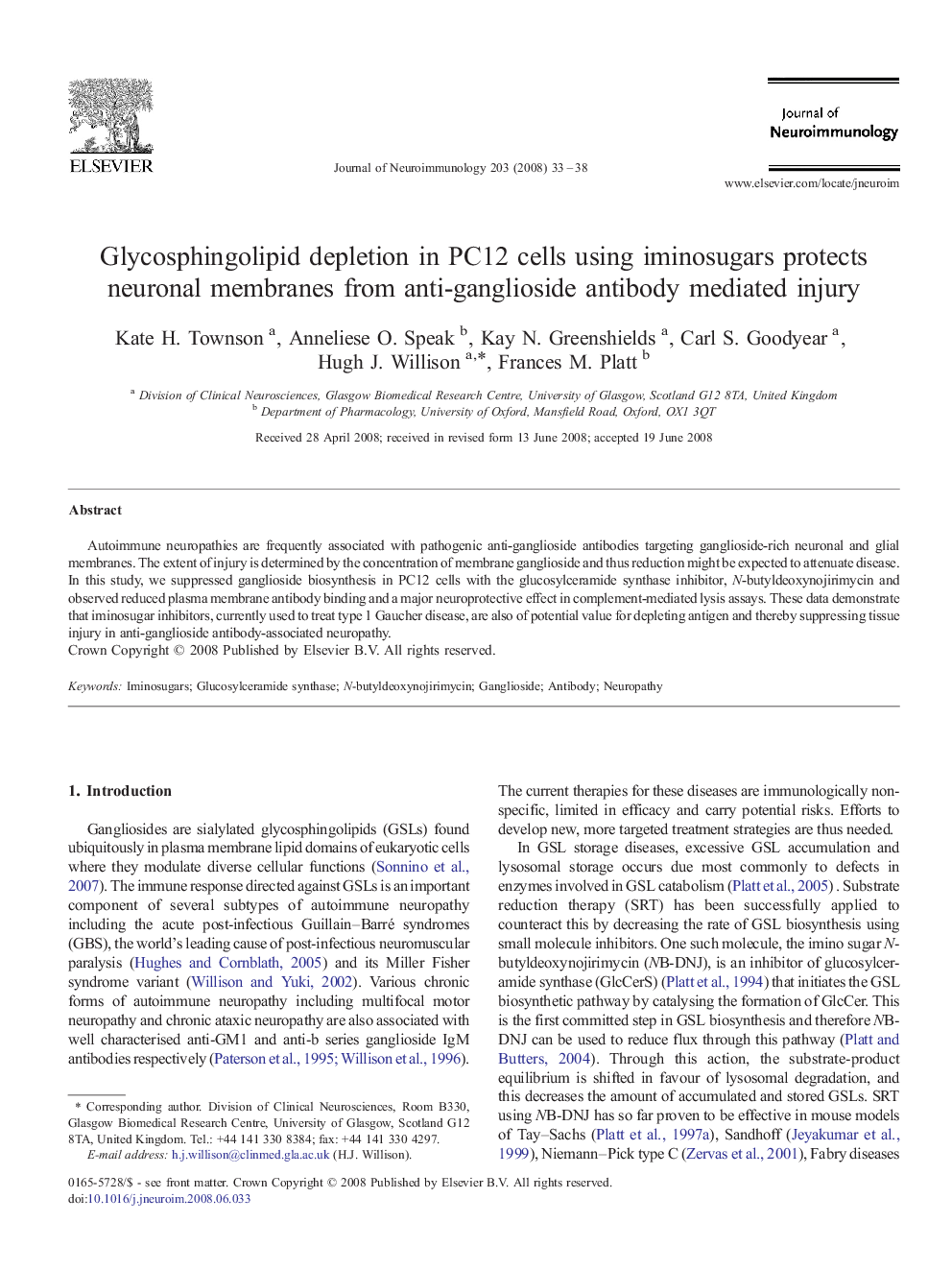 Glycosphingolipid depletion in PC12 cells using iminosugars protects neuronal membranes from anti-ganglioside antibody mediated injury