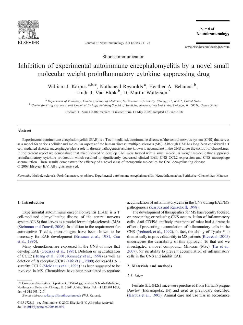 Inhibition of experimental autoimmune encephalomyelitis by a novel small molecular weight proinflammatory cytokine suppressing drug