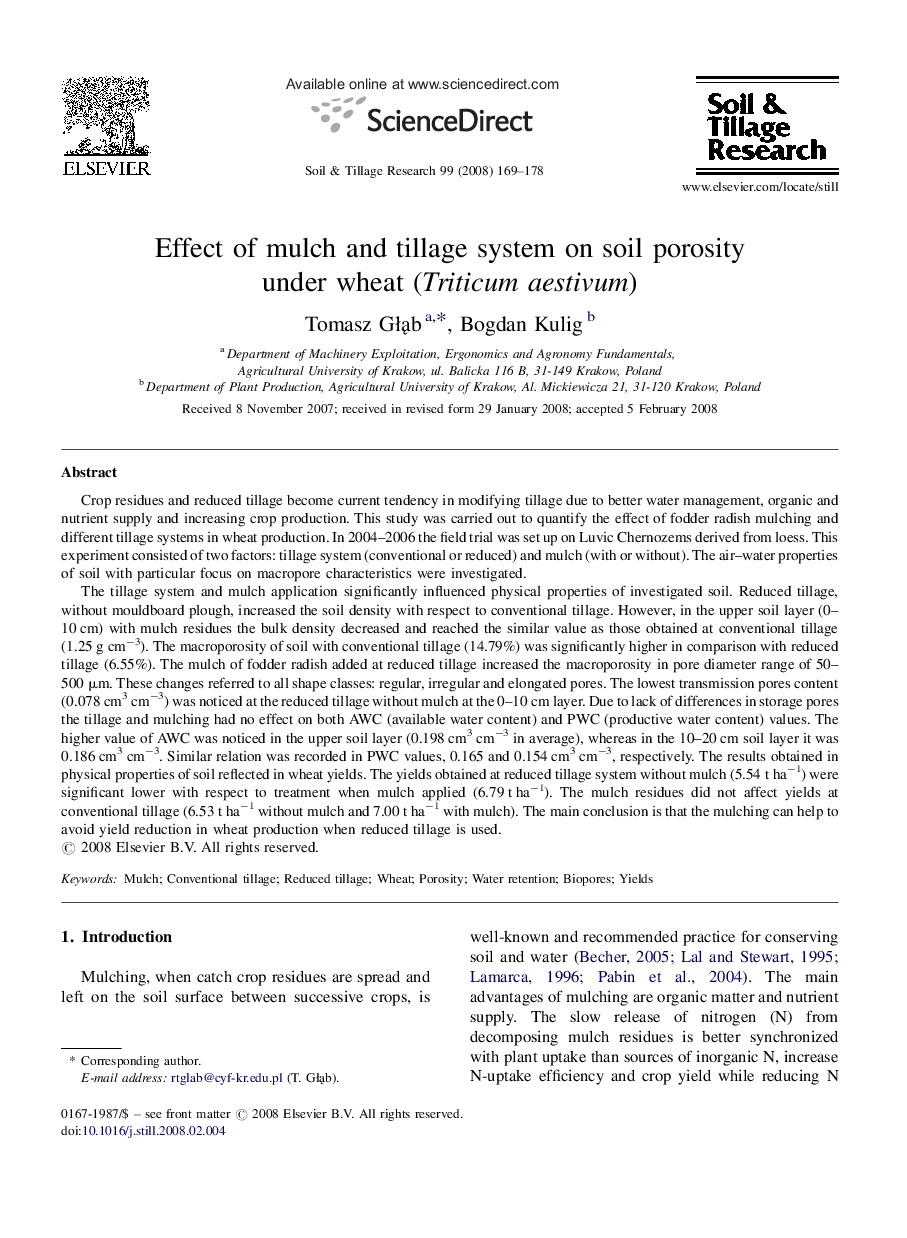 Effect of mulch and tillage system on soil porosity under wheat (Triticum aestivum)