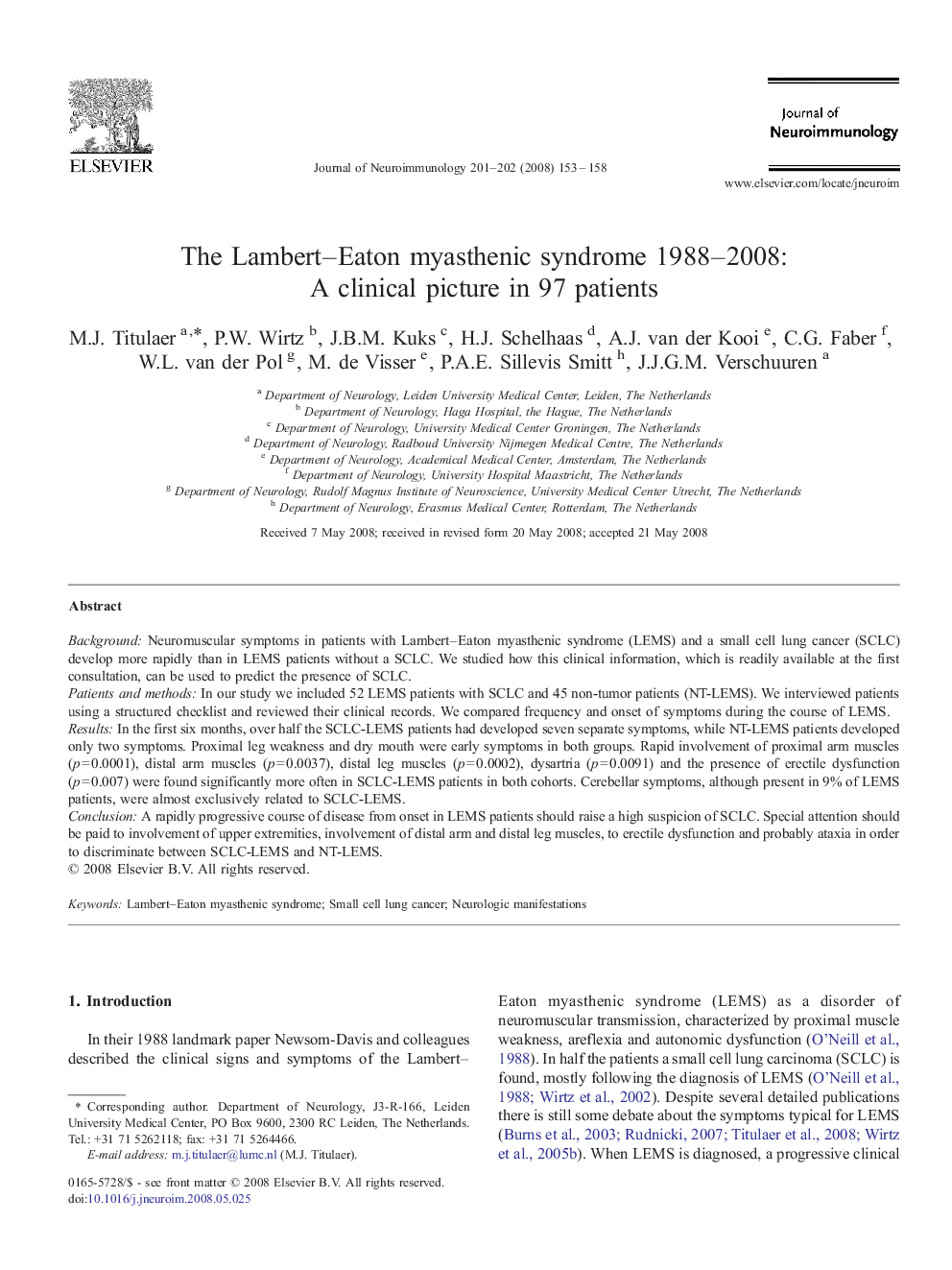 The Lambert–Eaton myasthenic syndrome 1988–2008: A clinical picture in 97 patients