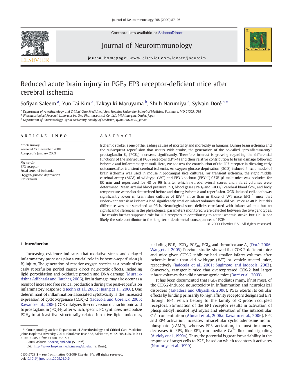 Reduced acute brain injury in PGE2 EP3 receptor-deficient mice after cerebral ischemia