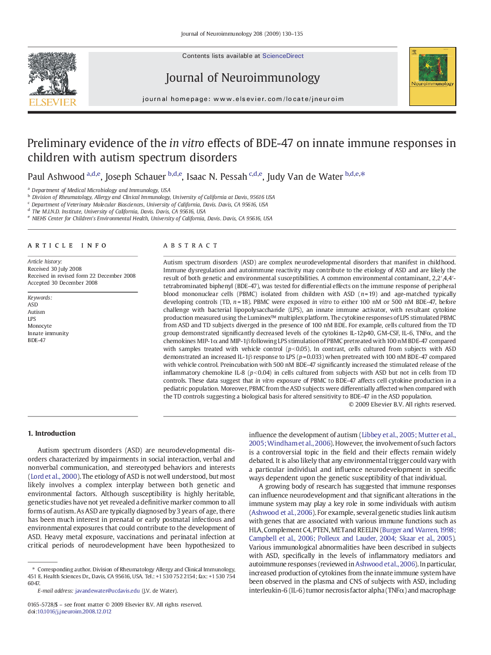 Preliminary evidence of the in vitro effects of BDE-47 on innate immune responses in children with autism spectrum disorders