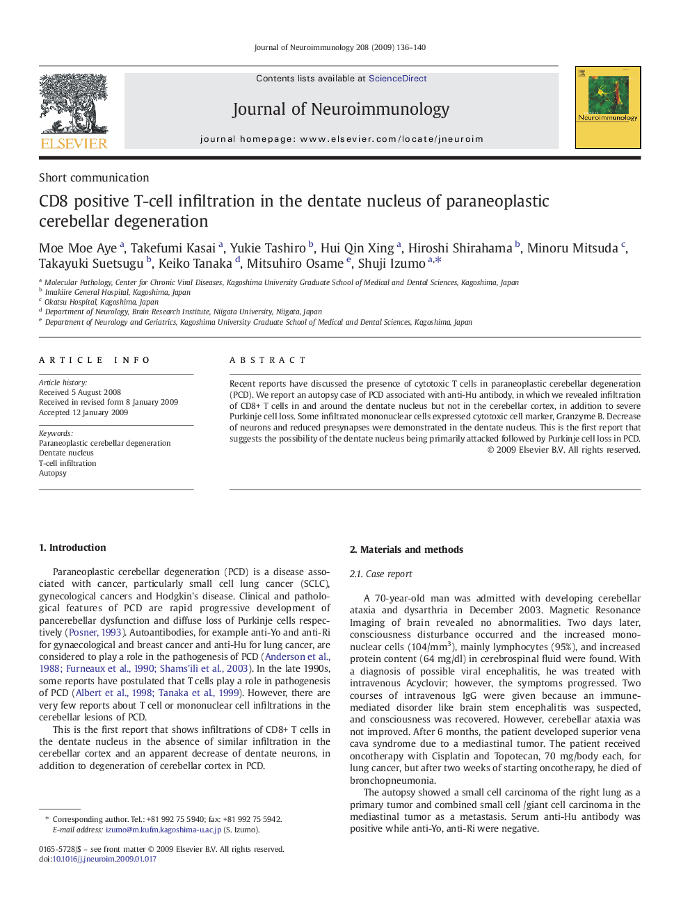 CD8 positive T-cell infiltration in the dentate nucleus of paraneoplastic cerebellar degeneration