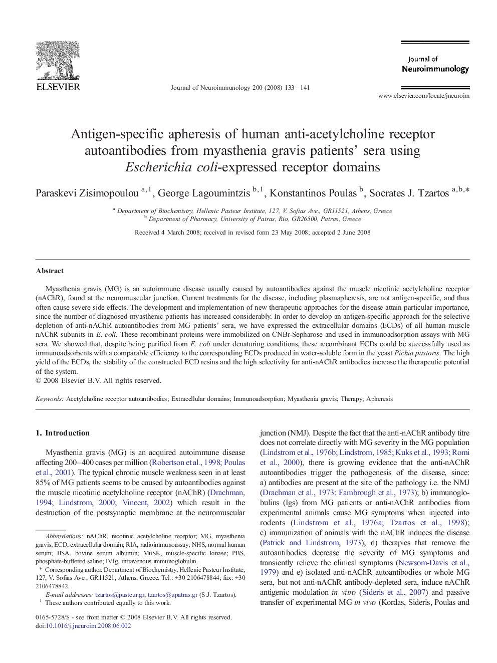 Antigen-specific apheresis of human anti-acetylcholine receptor autoantibodies from myasthenia gravis patients' sera using Escherichia coli-expressed receptor domains