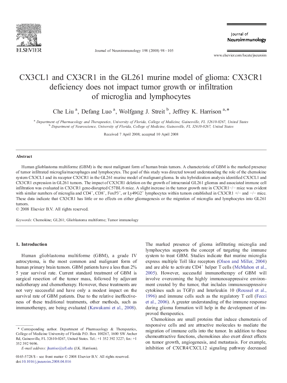 CX3CL1 and CX3CR1 in the GL261 murine model of glioma: CX3CR1 deficiency does not impact tumor growth or infiltration of microglia and lymphocytes