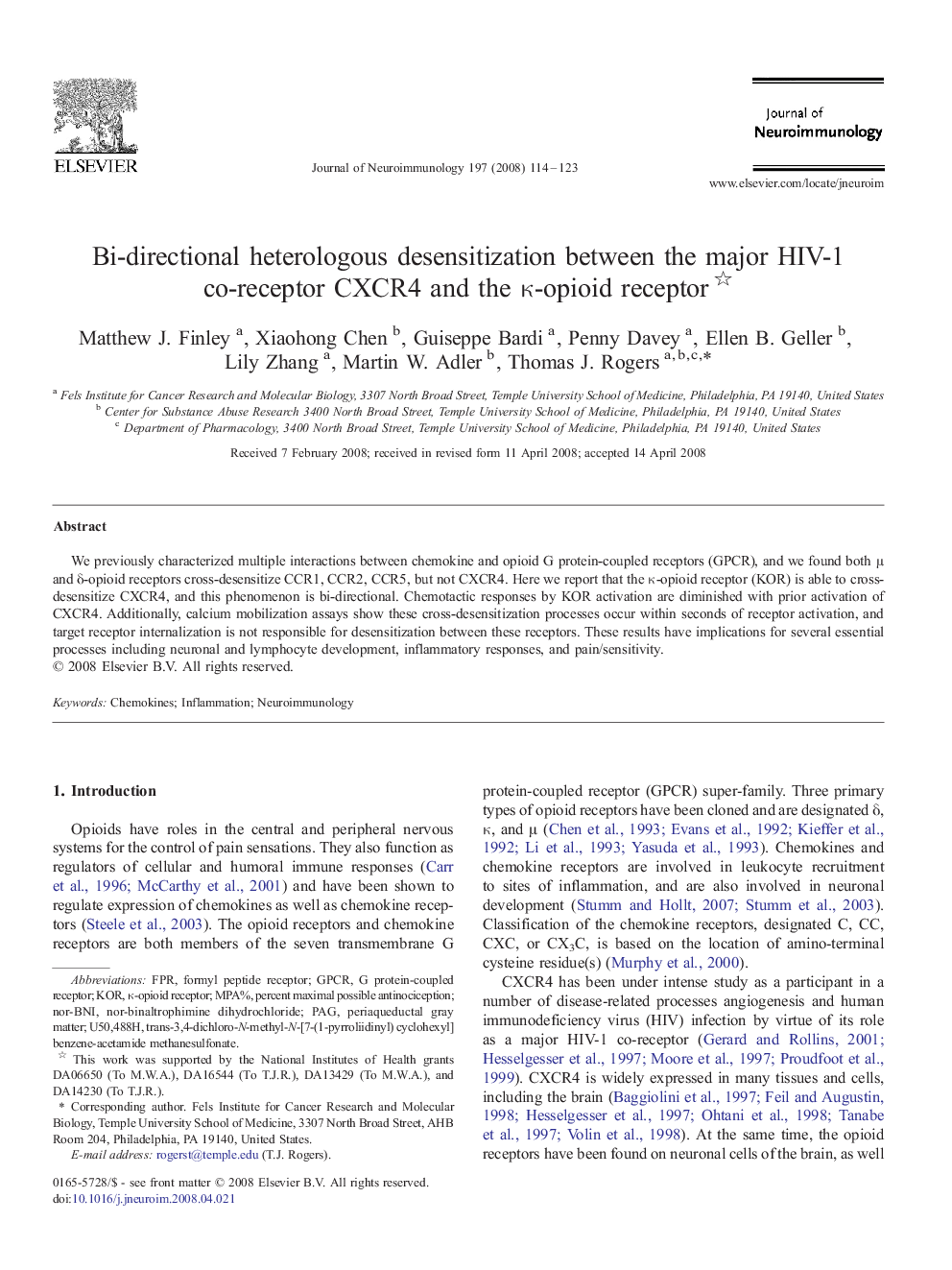 Bi-directional heterologous desensitization between the major HIV-1 co-receptor CXCR4 and the κ-opioid receptor 