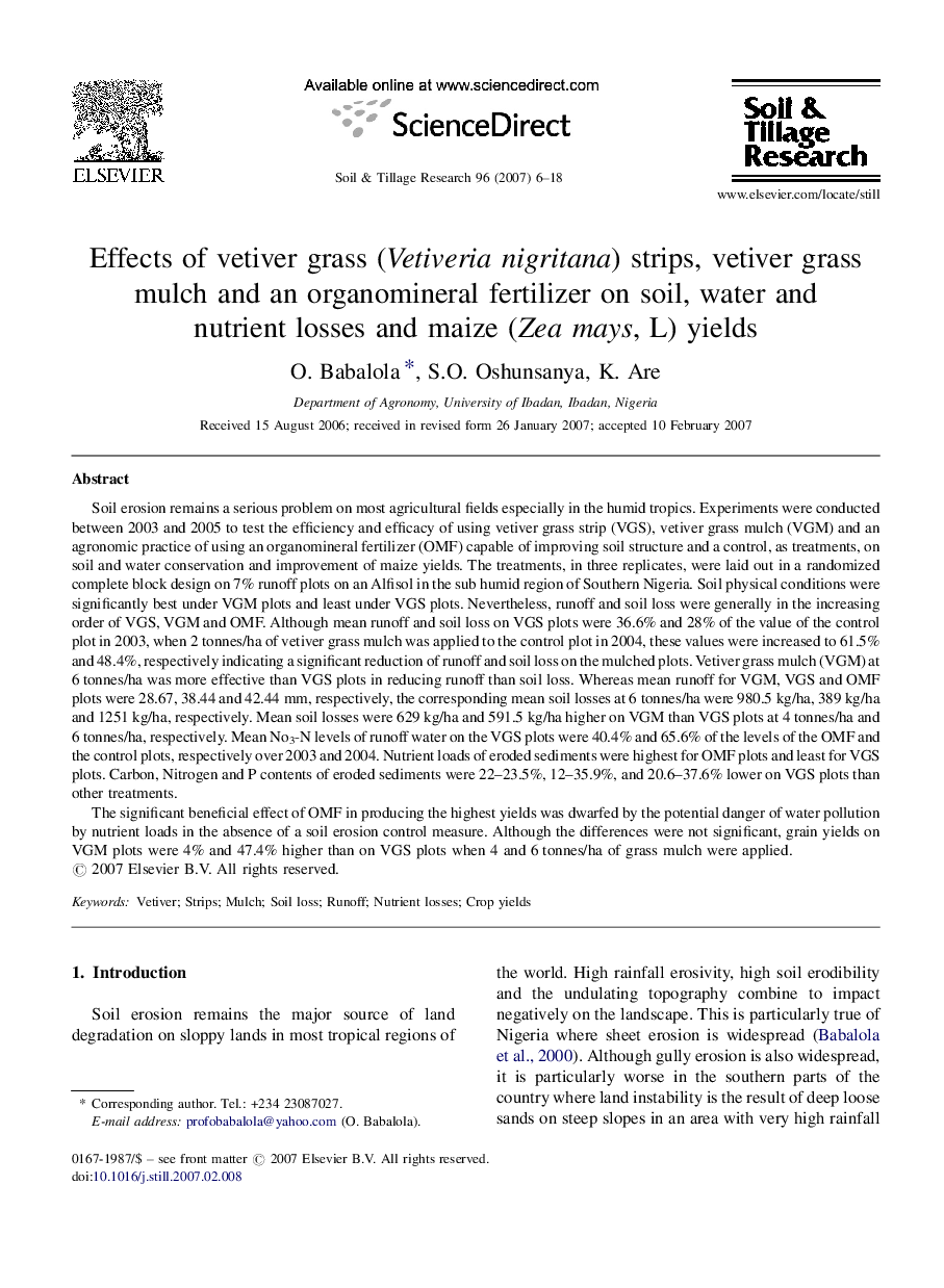 Effects of vetiver grass (Vetiveria nigritana) strips, vetiver grass mulch and an organomineral fertilizer on soil, water and nutrient losses and maize (Zea mays, L) yields