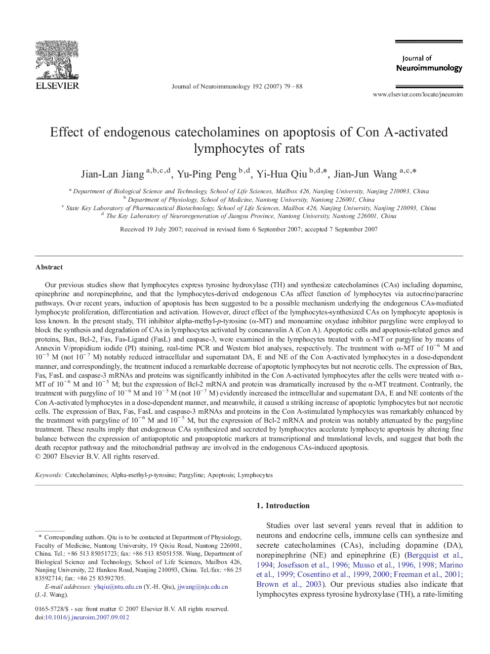 Effect of endogenous catecholamines on apoptosis of Con A-activated lymphocytes of rats