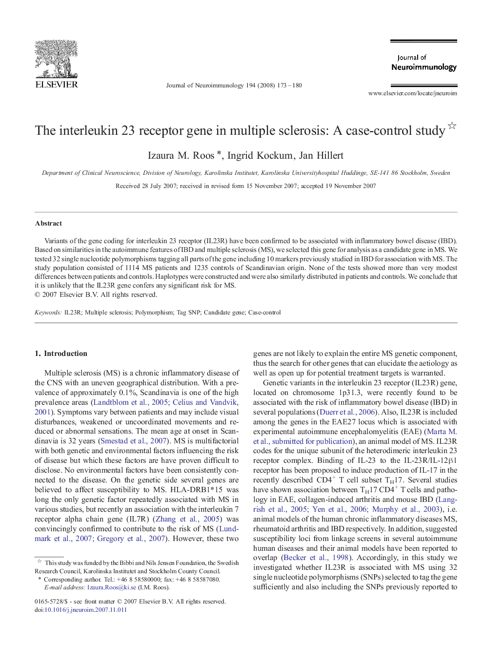 The interleukin 23 receptor gene in multiple sclerosis: A case-control study 