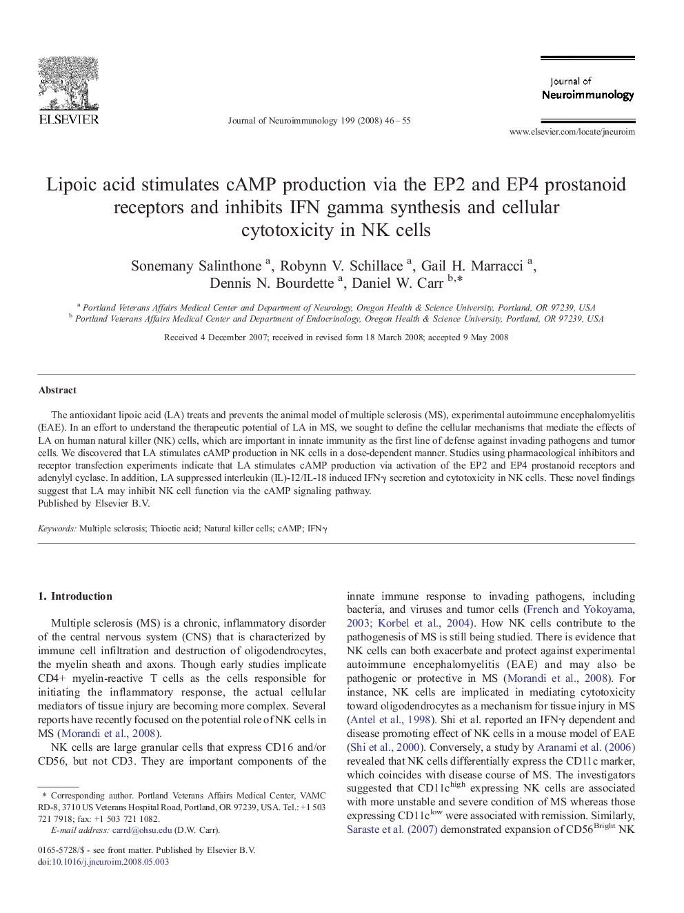 Lipoic acid stimulates cAMP production via the EP2 and EP4 prostanoid receptors and inhibits IFN gamma synthesis and cellular cytotoxicity in NK cells