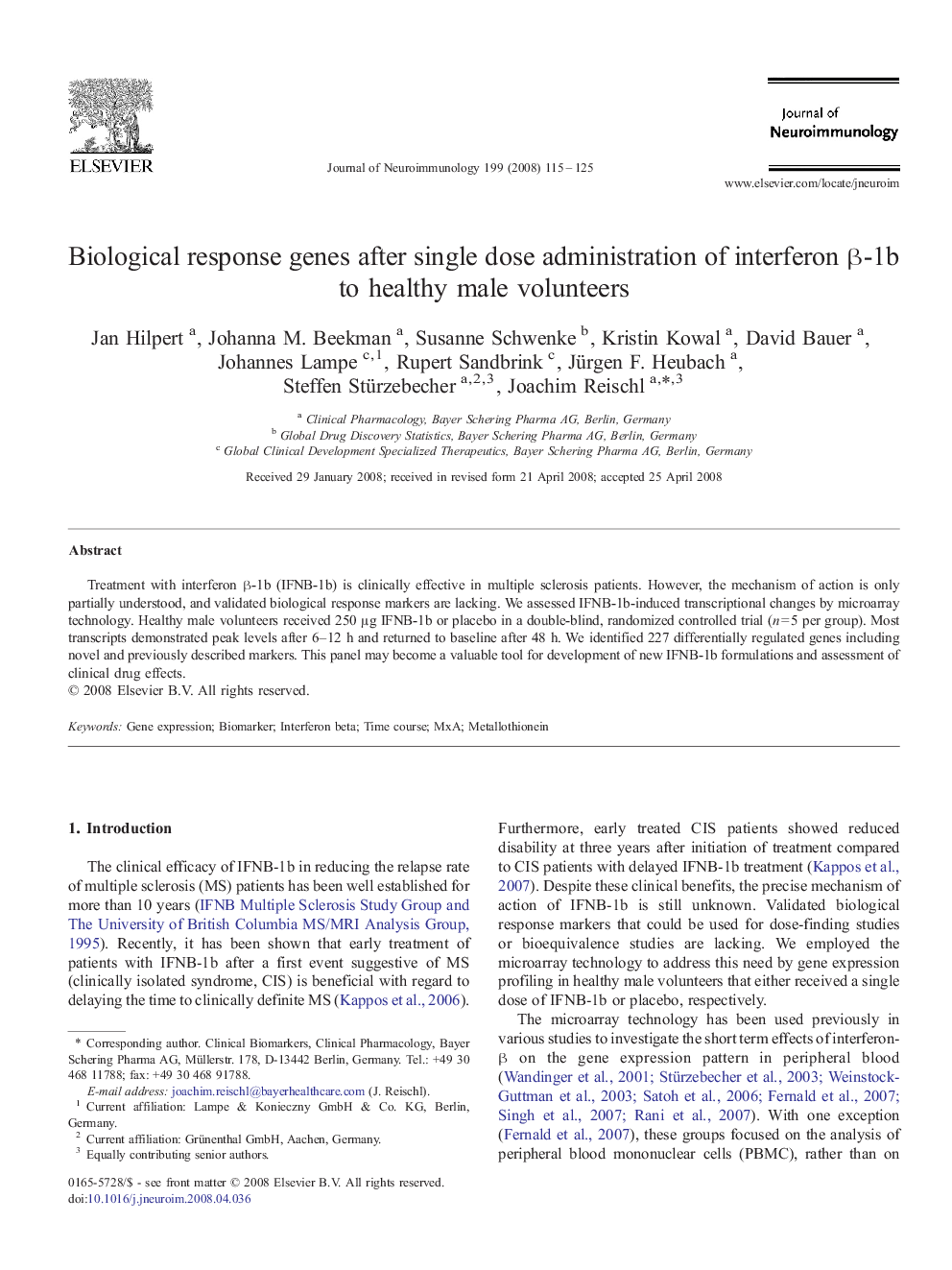 Biological response genes after single dose administration of interferon β-1b to healthy male volunteers