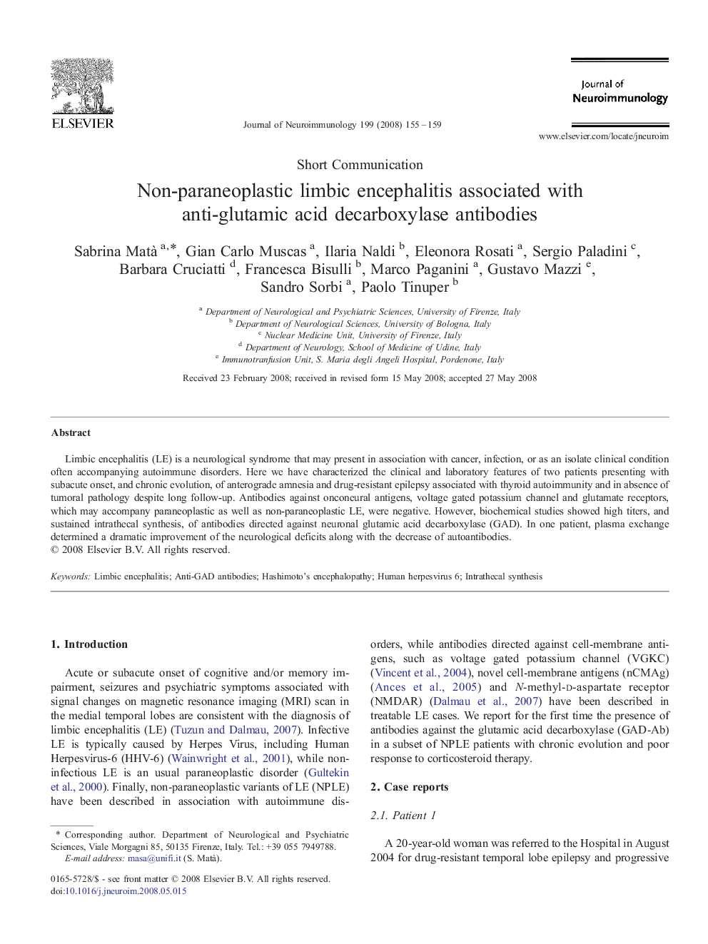 Non-paraneoplastic limbic encephalitis associated with anti-glutamic acid decarboxylase antibodies