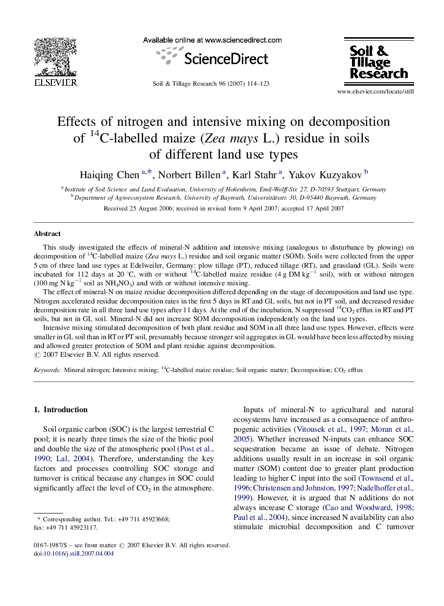 Effects of nitrogen and intensive mixing on decomposition of 14C-labelled maize (Zea mays L.) residue in soils of different land use types